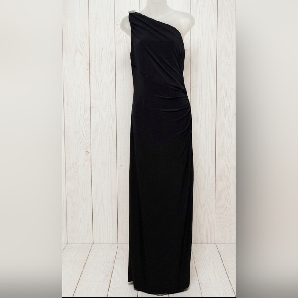 NWT Lauren Ralph Lauren Black One-Shoulder Ruched Gown 4 Tall Friendly Gala - Picture 2 of 16